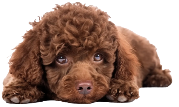Adorable, cute, chocolate brown miniature poodle lying  isolated on transparent background