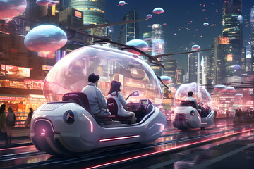 Fairy-tale characters riding futuristic vehicles in a sci-fi city. - obrazy, fototapety, plakaty