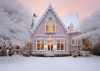 A stylish pink victorian-style house beautifully illuminated in a tranquil snowy winter setting
