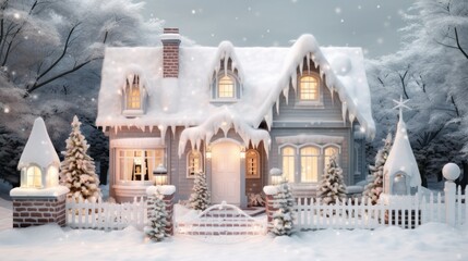 Snow-covered classic house with lit windows and trees, enveloped in a twilight winter atmosphere