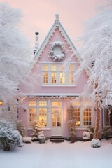 Graceful pink residence nestled amongst frosty trees during a serene winter evening