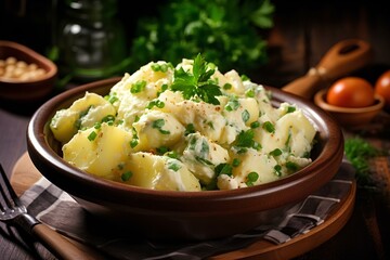 Classic delicious potato salad with herbs on a wooden plate. - obrazy, fototapety, plakaty