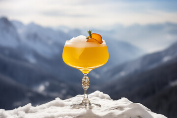 Winter drink. Winter orange cocktail in the snow, on the background of snowy peaks.	