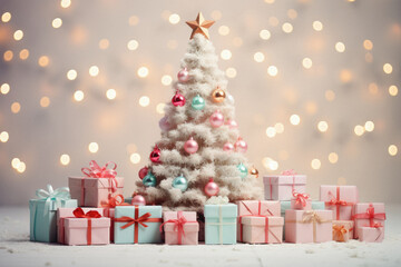Christmas tree and gift boxes on bokeh background. Christmas and New Year concept.