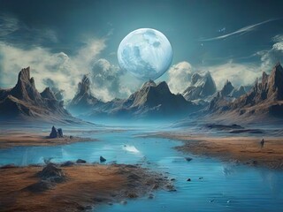 there is a large moon that is shining over a mountain range