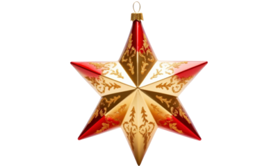 Golden, red and white christmas star isolated on transparent background