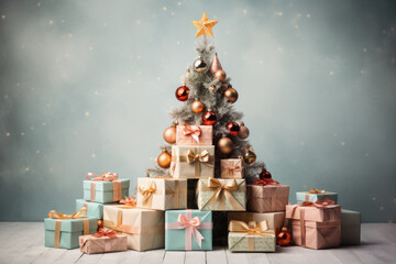 Christmas tree made of gift boxes on wooden table and bokeh background.