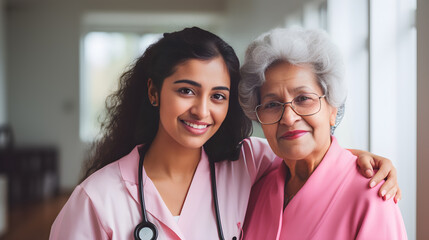 Doctora Latina con paciente mujer latina de edad avanzada interior de consultorio medico color rosa 