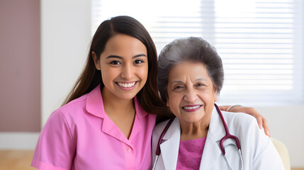 Doctora Latina con paciente en hospital color rosa, pediatra, geriatra  - obrazy, fototapety, plakaty