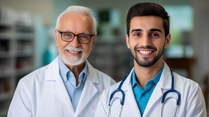 Doctor latino joven con paciente y doctor de edad madura en  el hospital para cita medica