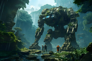 Jungle expedition with robotic animals and ancient temples.