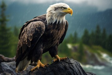 Obraz premium a bald eagle on a rock. Ai ilustration. digital painting. Generative AI Artificial Intelligence Artwork