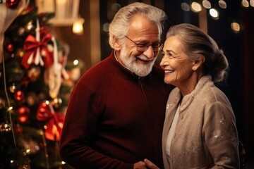 an elderly couple on the background of a Christmas tree in the apartment