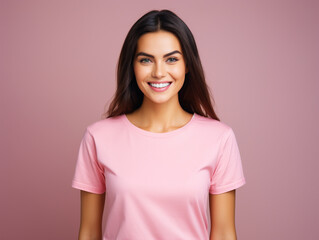 Fototapeta premium Lady wearing a plain tshirt standing in front of isolated pink background - ai generative
