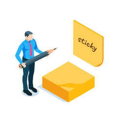 isometric business man with a pencil gluing a sticker, in color on a white background, taking notes
