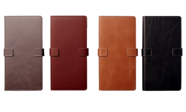 Stylish notebooks for taking notes with a brown leather cover, business, set with different versions, isolated on transparent background