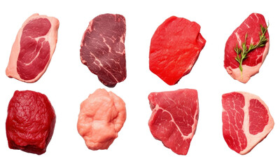 Set of different raw steaks isolated on transparent background