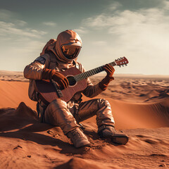 Man with guitar on planet Mars, hyperrealistic photo.