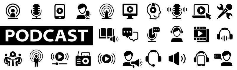 Podcast web icons in flat style. Containing audio, microphone, record, podcasting, radio, webcast, audio, video, news, broadcasting, entertainment icons. Vector illustration.