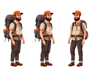 hiking man with backpack, set with different versions, isolated on transparent background