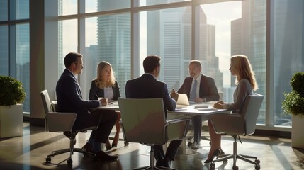Boardroom meeting in a corporate office within a skyscraper