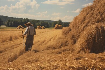 Obraz premium distant view of a farmer gathering hay on his farm. Generative AI