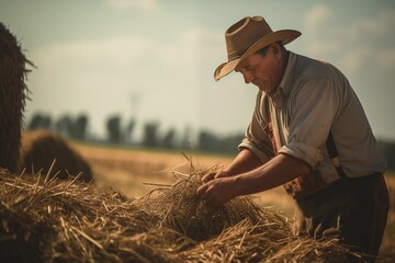 close view of a farmer stacking hay on his farm. Generative AI - obrazy, fototapety, plakaty