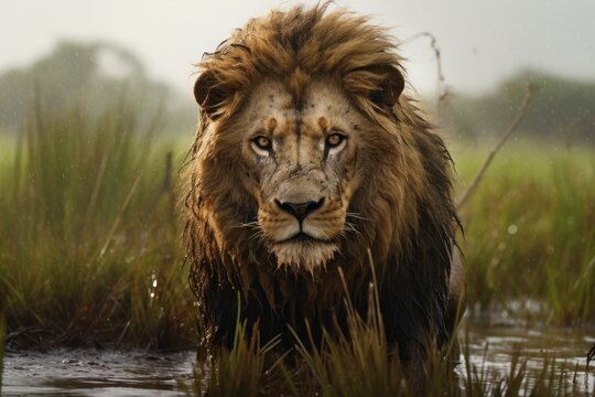 a lion in the water. Ai ilustration. digital painting. Generative AI Artificial Intelligence Artwork
