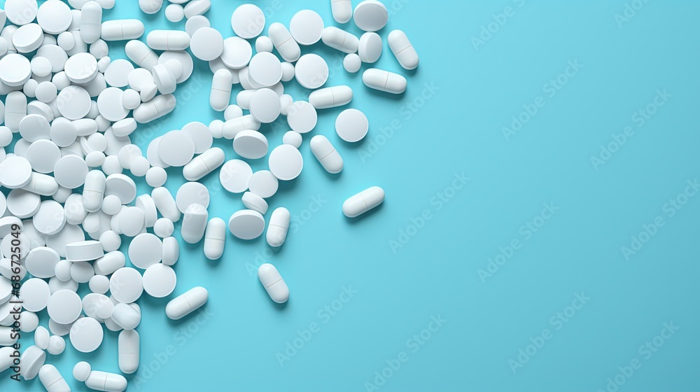 Poster bunch of various assorted whitel pills on blue background. top view with copy space.