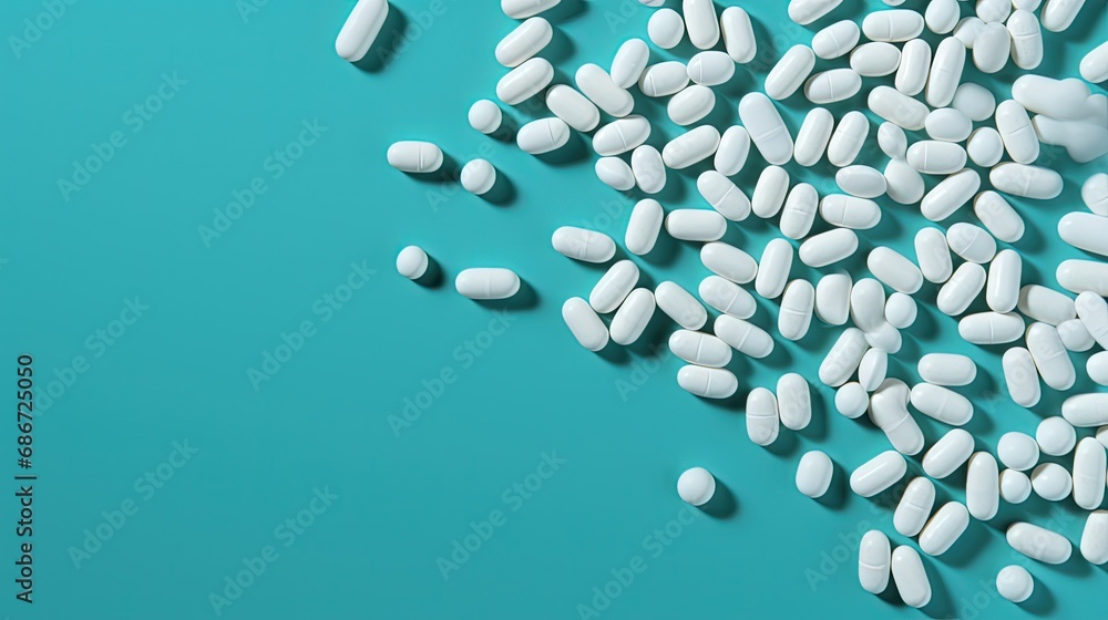 Poster bunch of various assorted whitel pills on blue background. top view with copy space.