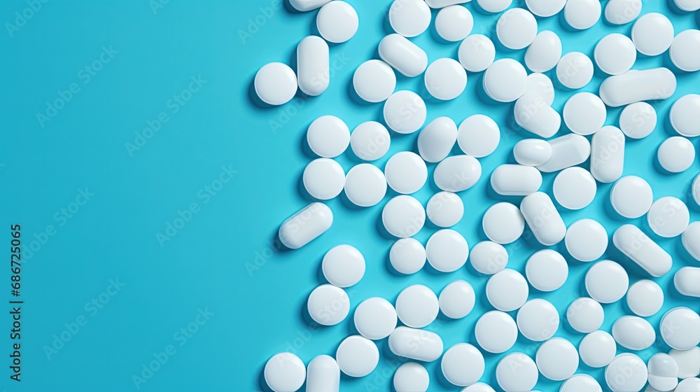 Poster bunch of various assorted whitel pills on blue background. top view with copy space.