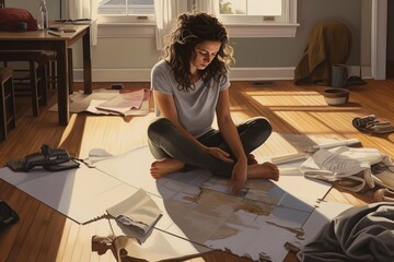 woman sitting on the floor of her living room examining the instructions for assembling a piece of furniture. Generative AI - obrazy, fototapety, plakaty