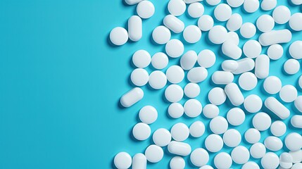 Bunch of various assorted whitel pills on blue background. Top view with copy space.