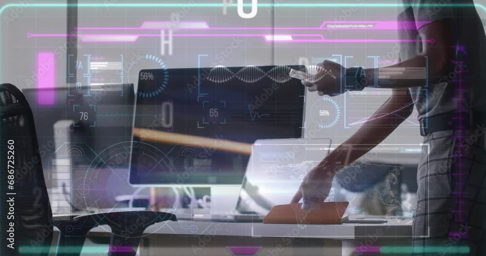 Poster animation of financial data processing over caucasian businessman using smartphone