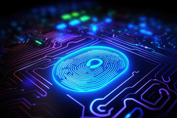 Glowing cyber fingerprint, data protection concept on neon background