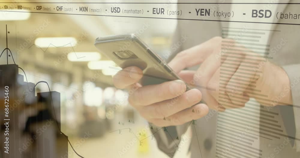 Poster animation of financial data processing over caucasian businessman using smartphone