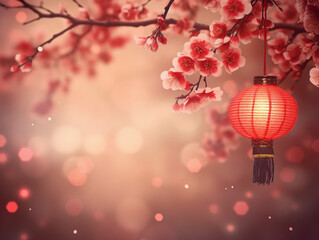 Chinese New Year Style Cherry Blossom Lantern Red Background