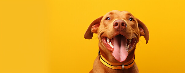 a brown dog laughing at yellow background, in the style of minimalistic japanese, light orange and magenta, photo-realistic hyperbole, shaped canvas, website created with Generative Ai