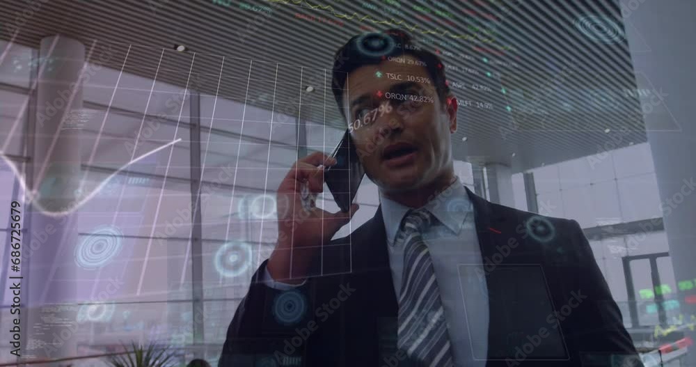 Poster animation of financial data processing over caucasian businessman using smartphone