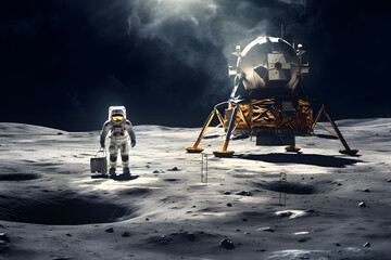 Space mission with cosmonauts landing on Moon, hyper realistic photo.