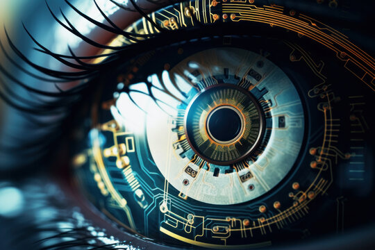 A close-up of a robotic eye with intricate circuits implies advanced tech vision