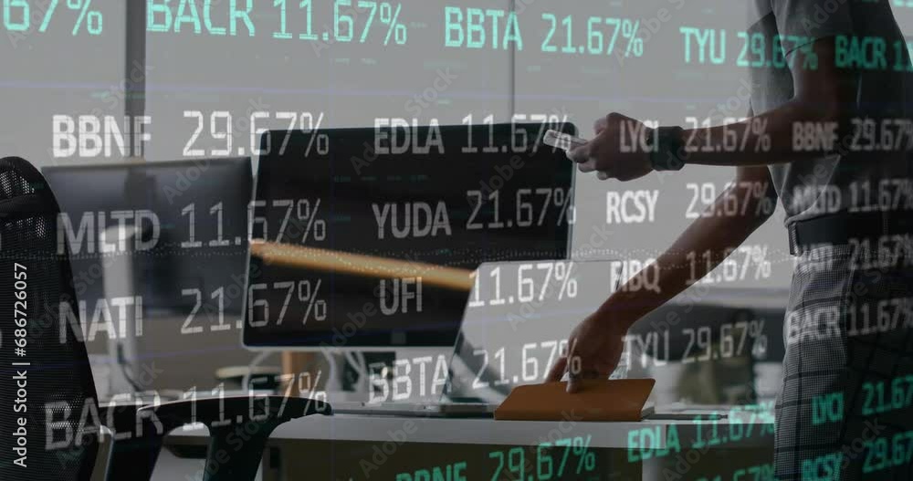Aufkleber animation of financial data processing over caucasian businessman using smartphone