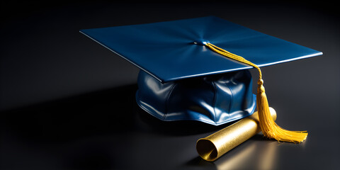 Dark blue graduation cap and diploma. isolated on black background.