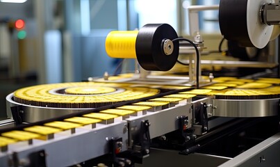 A Close Up of a Mechanical Device Covered in Vibrant Yellow and Black Tape - obrazy, fototapety, plakaty