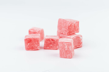 Traditional Turkish delight isolated on white background. Close up.