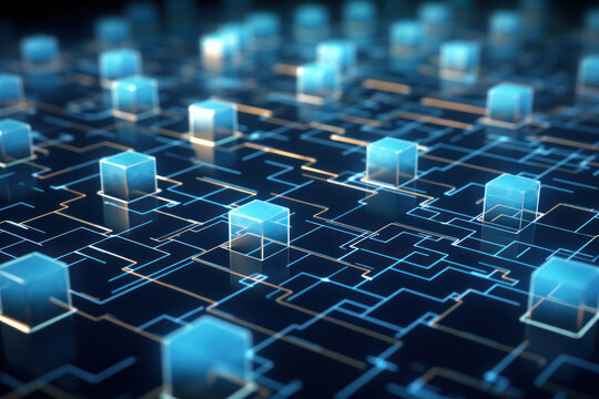 Blockchain network concept on a digital grid, depicting secure data blocks
