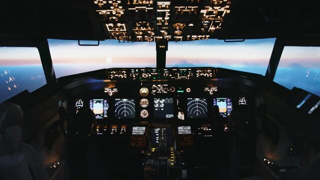 Airplane Cockpit for Aviation Pilot and Plane Navigation of Pilotage. Shot of Flight Cabin for Aviator Piloting Flying Aeroplane. Service of Tourism Industry or Private Business Fly to Destination