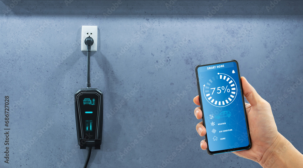Poster using a cable to charge an electric car at home while using a mobile app