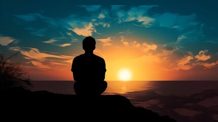 Silhouette of Contemplative Human at Sunset, Thinking, Introspection, Nature, Tranquility
