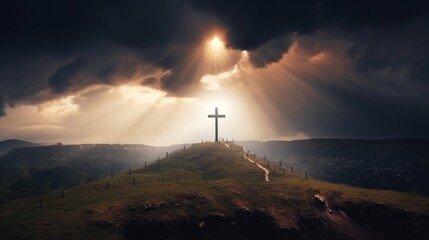 A large cross on the top of the mountain - obrazy, fototapety, plakaty